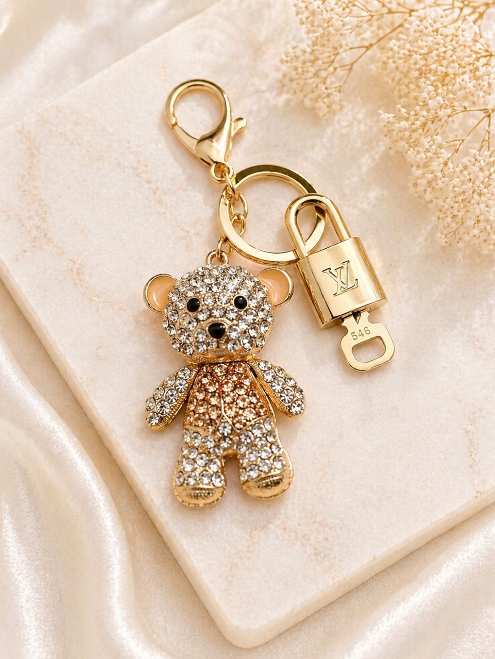Authentic Louis Vuitton Lock & Key with unbranded Rhinstone Bear Bagcharm